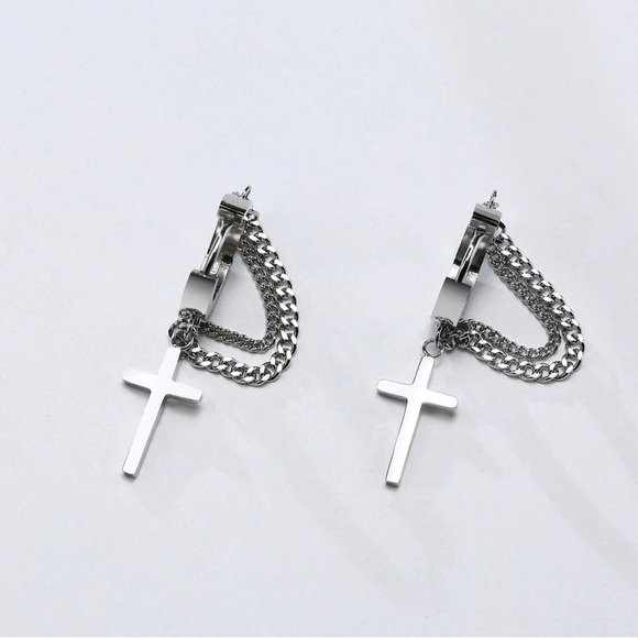 Stainless Steel Cross Double Chain Huggie Hoops Earring Pair for Mens Earrings - Picture 5 of 7